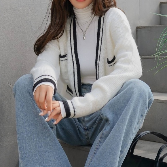 Preppy Classic White Black Varsity Open Cardigan Sweater sz Small - Picture 6 of 11